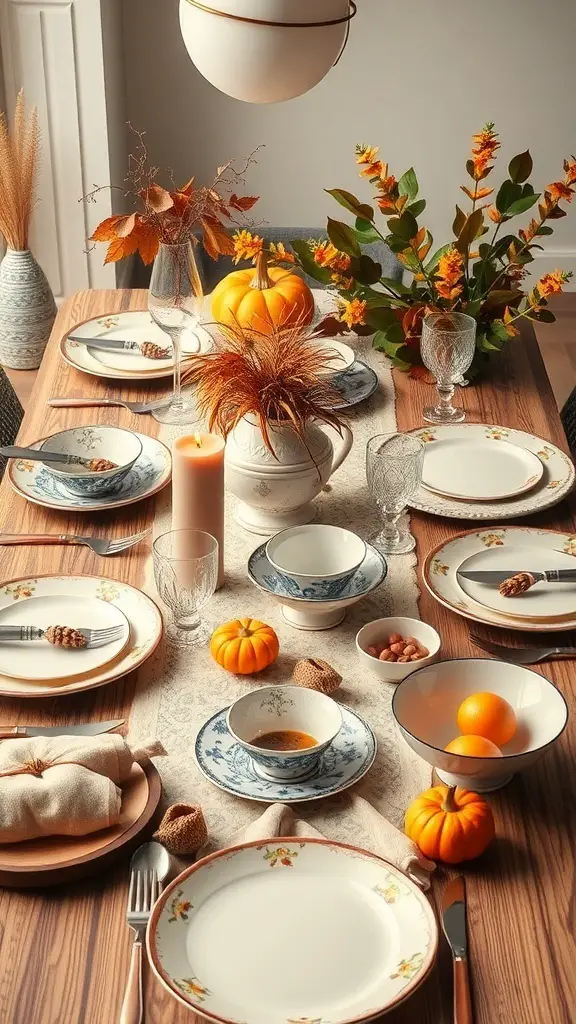 A beautifully set Friendsgiving table with a mix of dinnerware, small pumpkins, and autumn decorations.