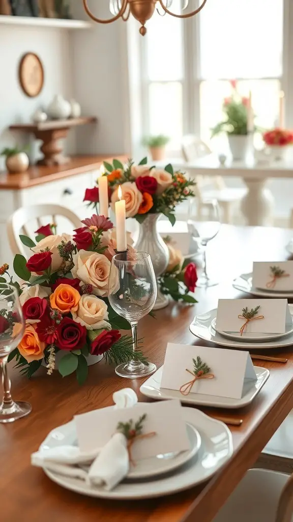 A beautifully set kitchen table with handmade place cards, flowers, and candles.