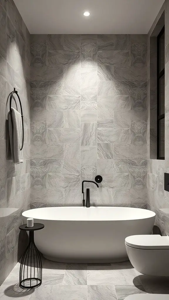 A modern bathroom featuring textured gray tiles, a white bathtub, and sleek black fixtures.
