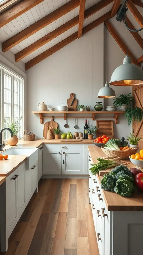 29+ Stunning Barndominium Kitchen Ideas You’ll Love 15 A cozy kitchen featuring wooden shelves, fresh produce, and natural light.