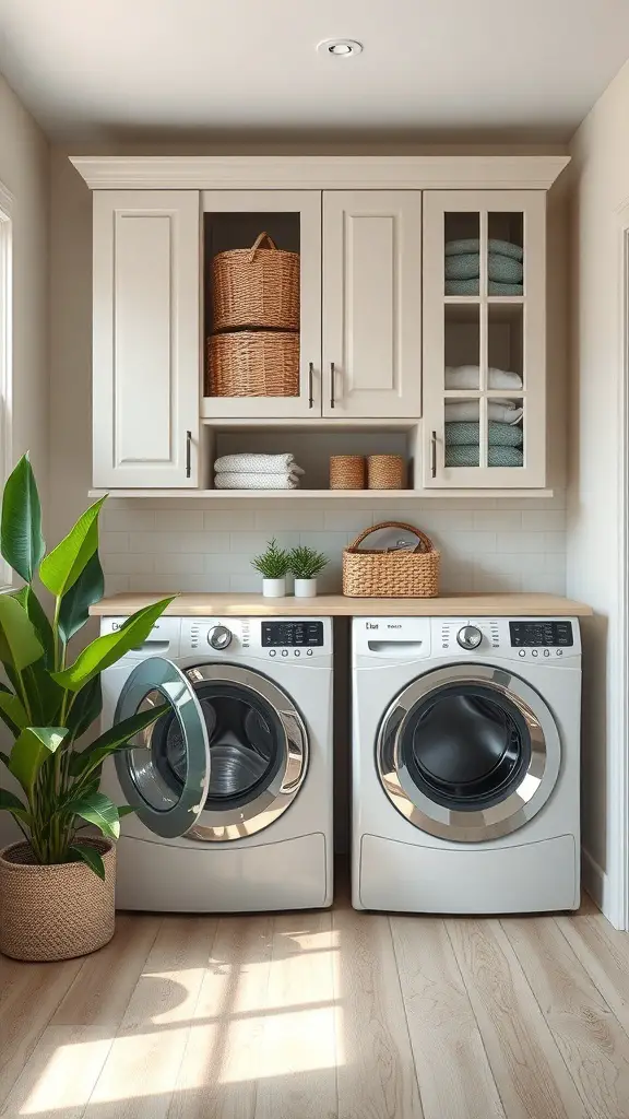 25+ Stunning Laundry Room Cabinet Ideas for a Chic and Organized Space 10 A bright laundry room featuring custom cabinets, a countertop, and modern washing machines.