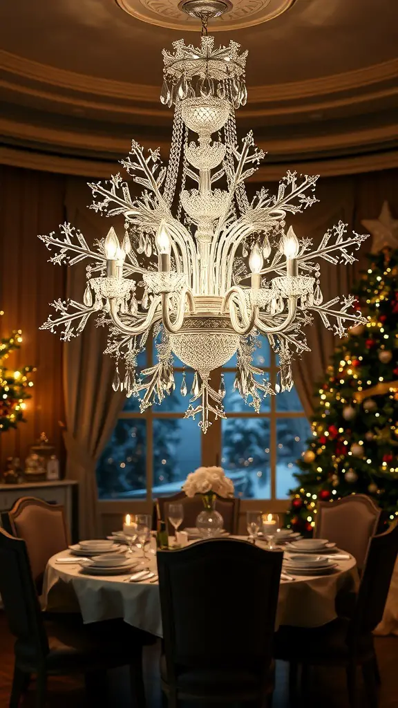 29+ Stunning Christmas Chandelier Ideas to Brighten Your Holidays 5 A crystal chandelier designed like a snowflake, illuminating a dining area decorated for Christmas.