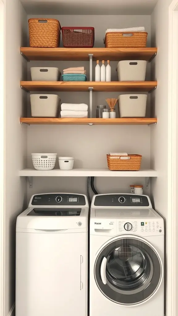 27+ Creative Over Washer and Dryer Shelf Ideas for a Stylish Laundry Room 4 Corner shelves above a washer and dryer with organized baskets and towels
