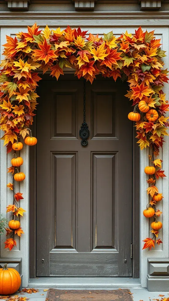 A doorway decorated with autumn leaves and pumpkins, showcasing vibrant colors of fall.