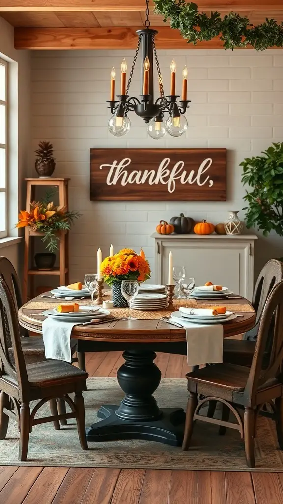 A cozy dining area decorated for Thanksgiving with a wooden sign that says 'thankful,' surrounded by a table set with flowers and candles.