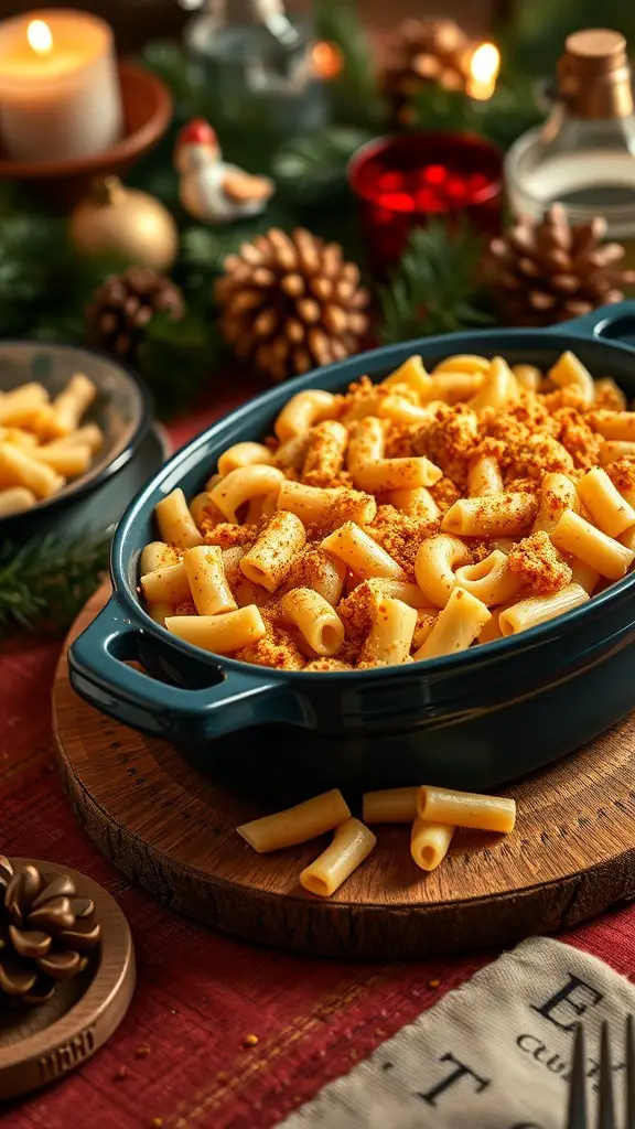 25+ Must-Try Thanksgiving Side Dishes You Need This Year 14 A serving of baked macaroni and cheese topped with breadcrumbs, set on a festive table with pinecones and candles.