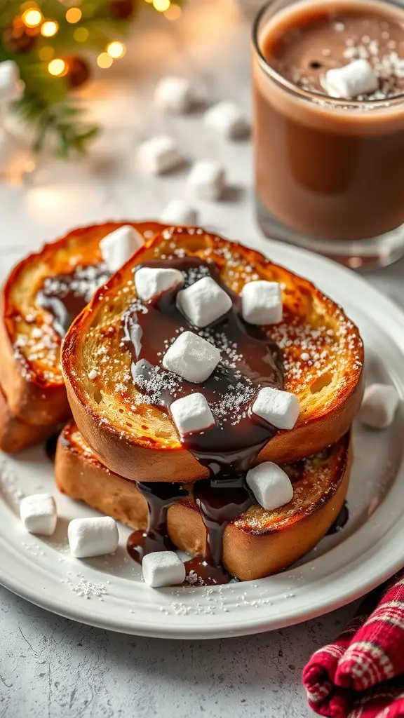 23+ Creative Christmas Breakfast Ideas That Kids Will Love 12 Delicious Hot Chocolate French Toast topped with chocolate sauce and marshmallows, served with a glass of hot chocolate.