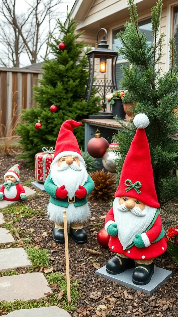 A festive display of holiday-themed garden gnomes in a backyard setting.