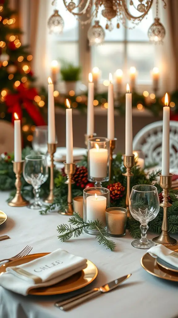 A festive table setting with tall white candles, greenery, and golden candle holders, creating a cozy Christmas atmosphere.