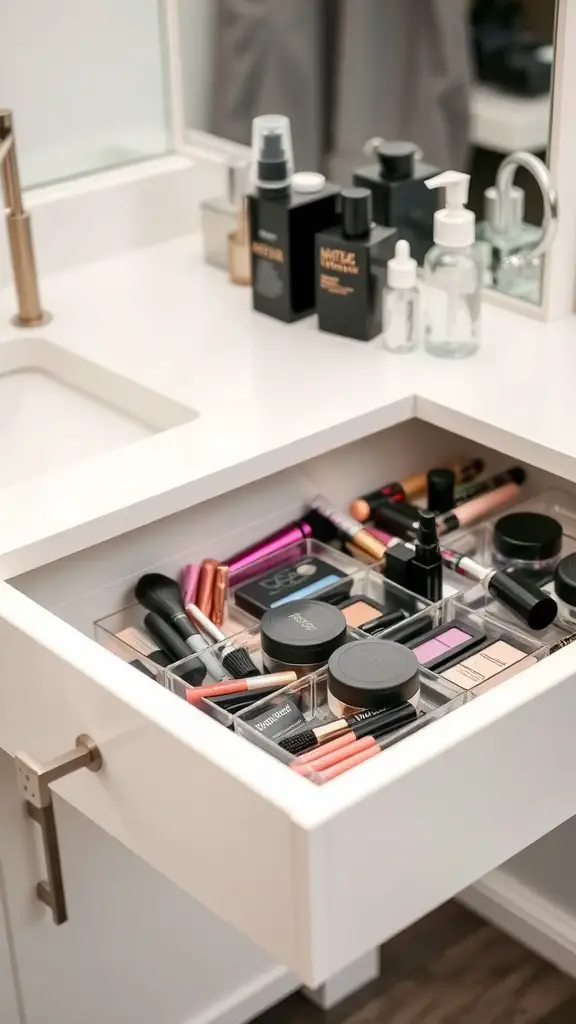 27+ Creative Bathroom Vanity Storage Ideas for an Organized Space 6 Organized makeup drawer with clear compartments holding various makeup products.