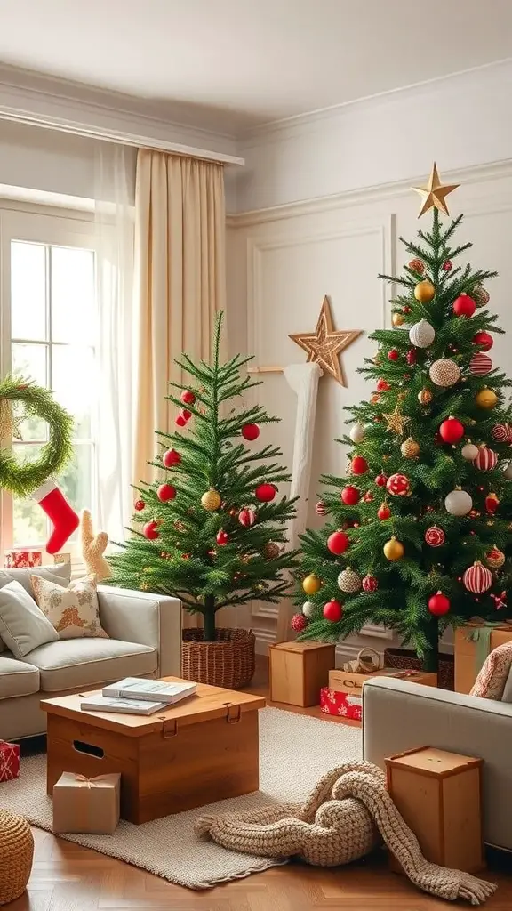A cozy Christmas living room with two decorated pine trees, a comfortable couch, and festive decorations.