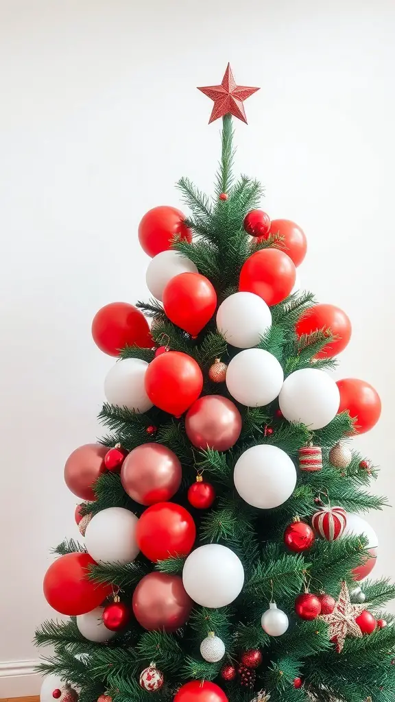 A Christmas tree decorated with red and white balloons and ornaments.