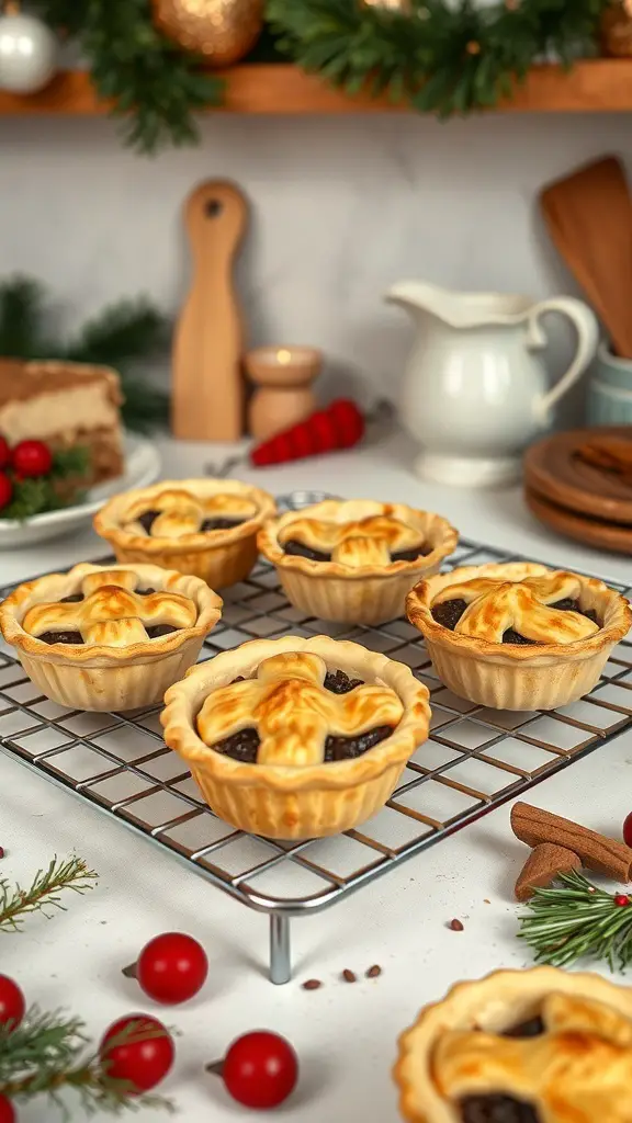 Freshly baked English mince pies cooling on a wire rack, surrounded by festive decorations.