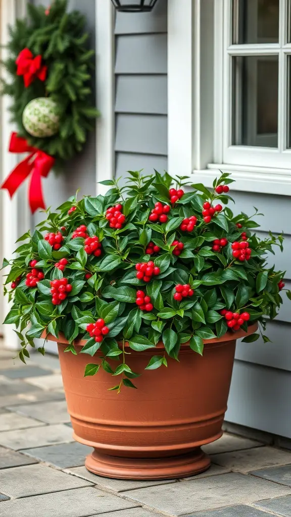 A large terracotta planter filled with green leaves and red berries, placed next to a door with a holiday wreath.