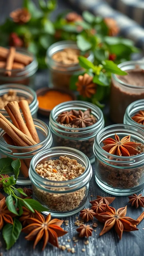 29+ Festive Grazing Table Ideas for a Perfect Christmas Celebration 15 A variety of jars filled with spices and herbs, including cinnamon sticks and star anise, arranged on a wooden surface.