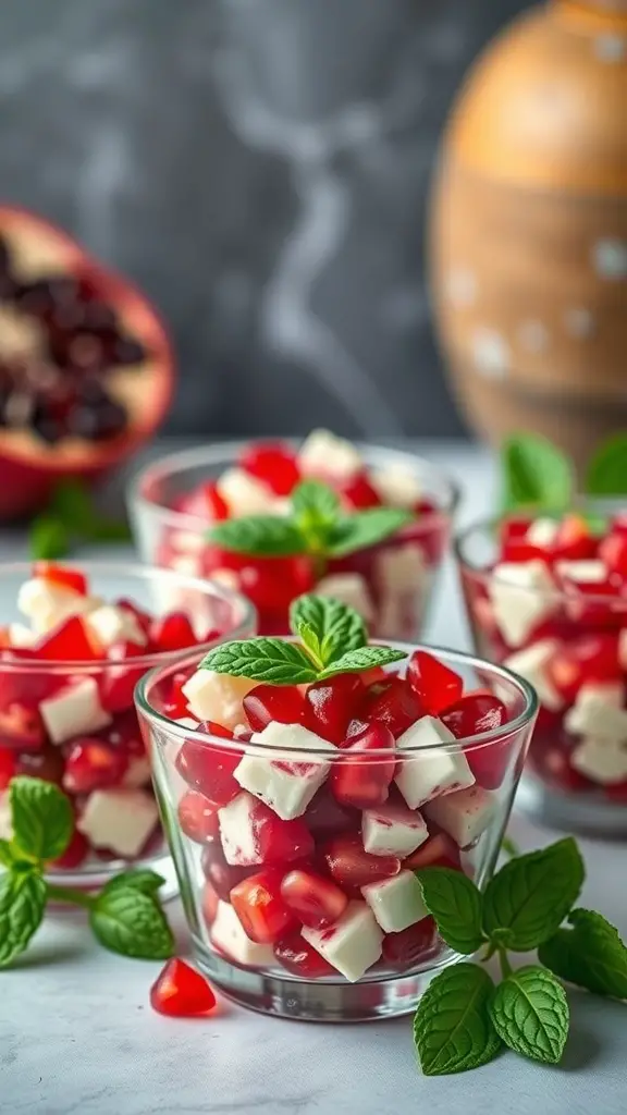 27+ Must-Try Christmas Snacks for Your Holiday Party 11 Colorful pomegranate and feta salad cups garnished with mint leaves