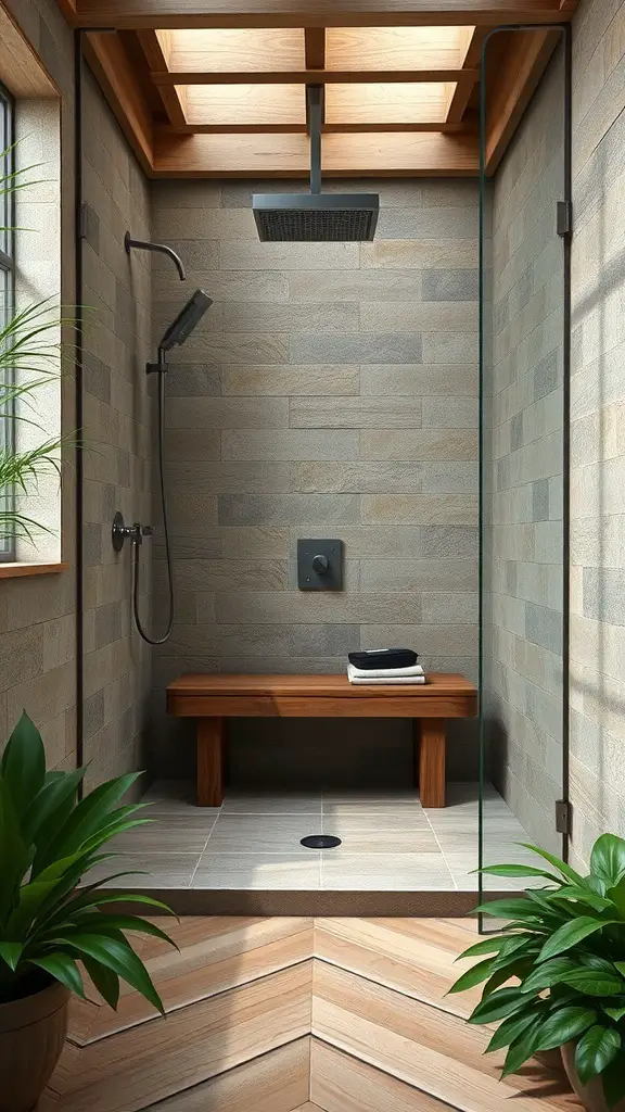 27+ Inspiring Rustic Walk-In Shower Ideas You’ll Love 7 A rustic walk-in shower with natural stone walls, wooden bench, and plants.