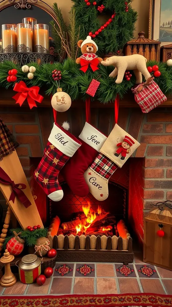 A cozy fireplace with rustic stockings, candles, and festive decorations.