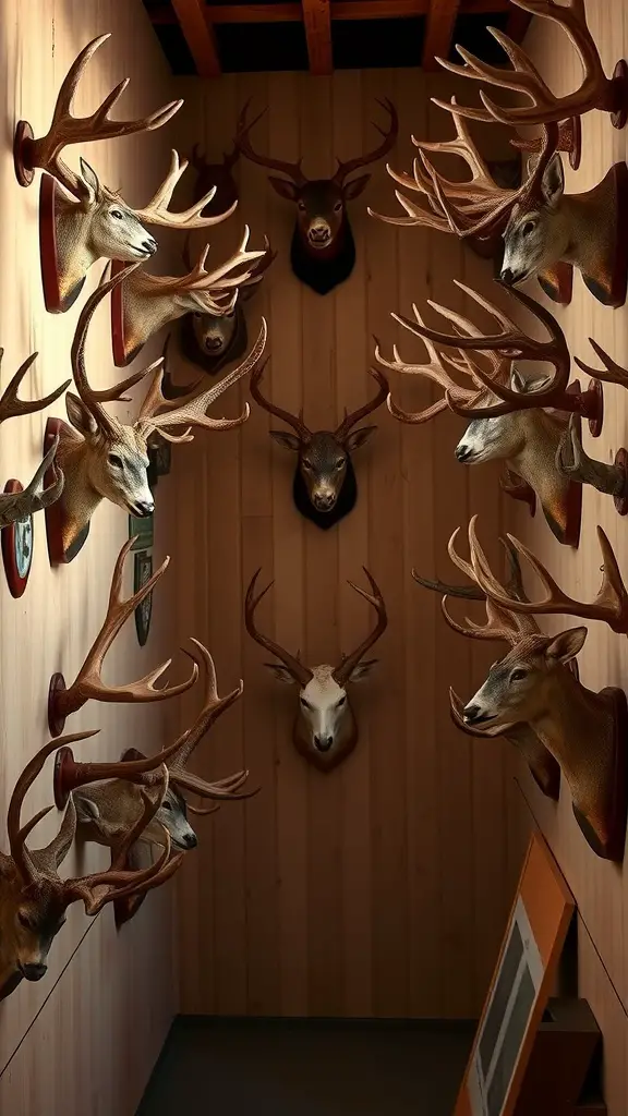 27+ Stunning Deer Mount Wall Arrangements for Every Home 11 A wall arrangement of various deer mounts showcasing different antler styles.