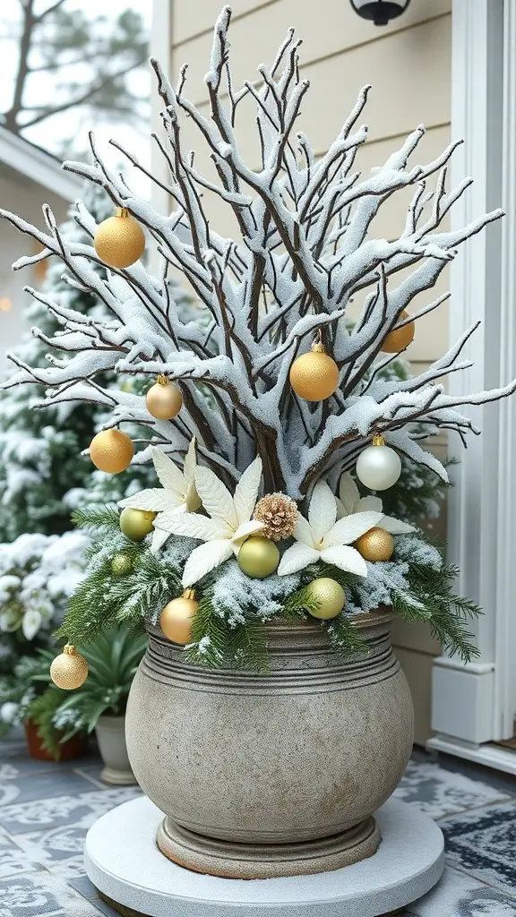 A winter planter with bare branches, gold ornaments, and white foliage in a decorative pot.