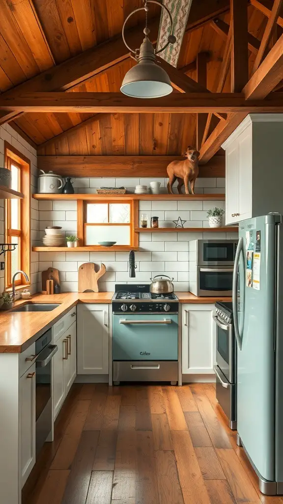 29+ Stunning Barndominium Kitchen Ideas You’ll Love 8 A cozy barndominium kitchen featuring vintage appliances and warm wooden accents.