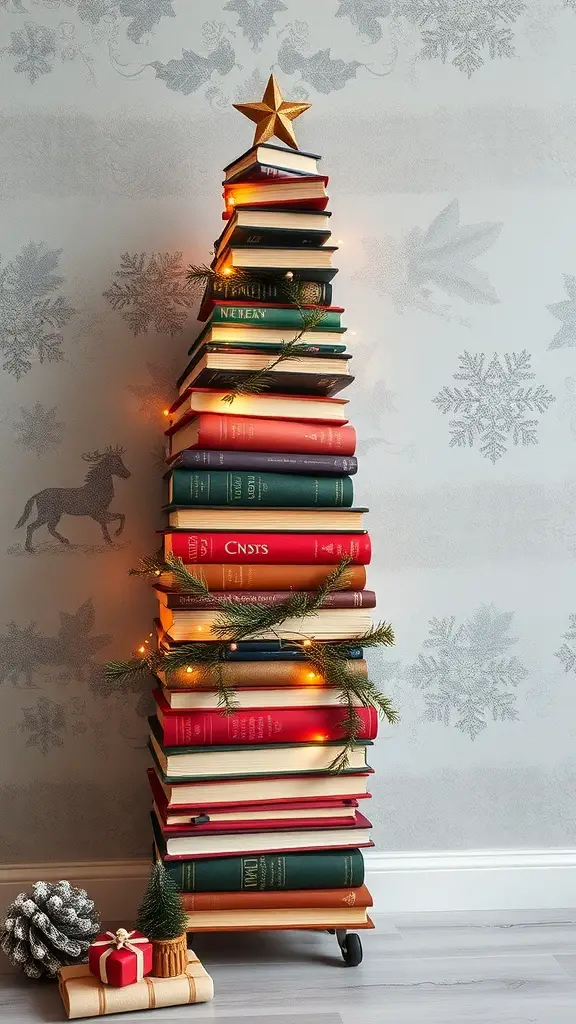29+ Creative Wall Christmas Tree Ideas for a Festive Holiday Display 12 A creative vintage book Christmas tree made from stacked books, decorated with lights and a star on top.