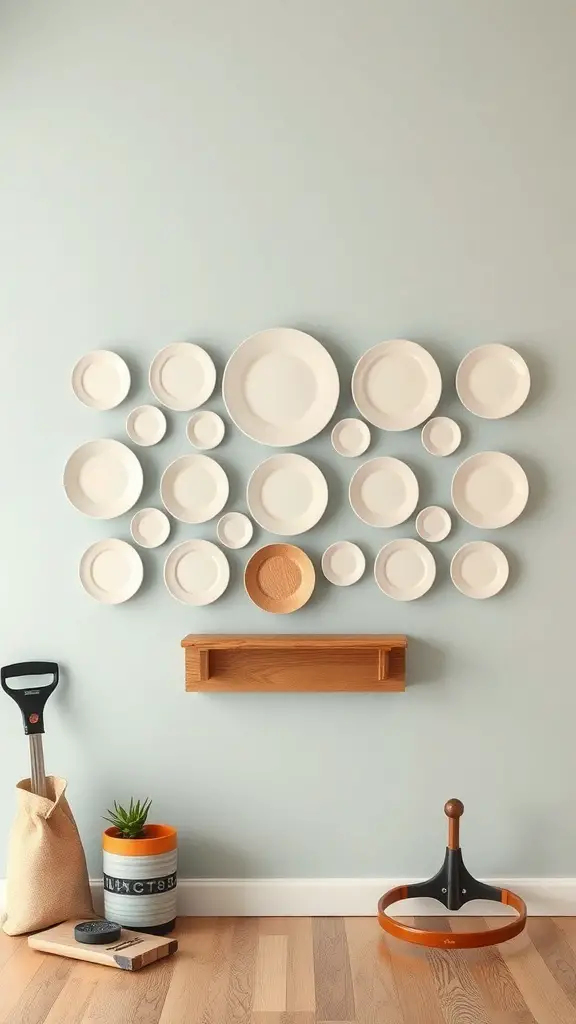 29+ Creative Ideas for a Stunning Plate Wall Display 15 A stylish plate wall display featuring various sizes of white plates arranged on a light wall.