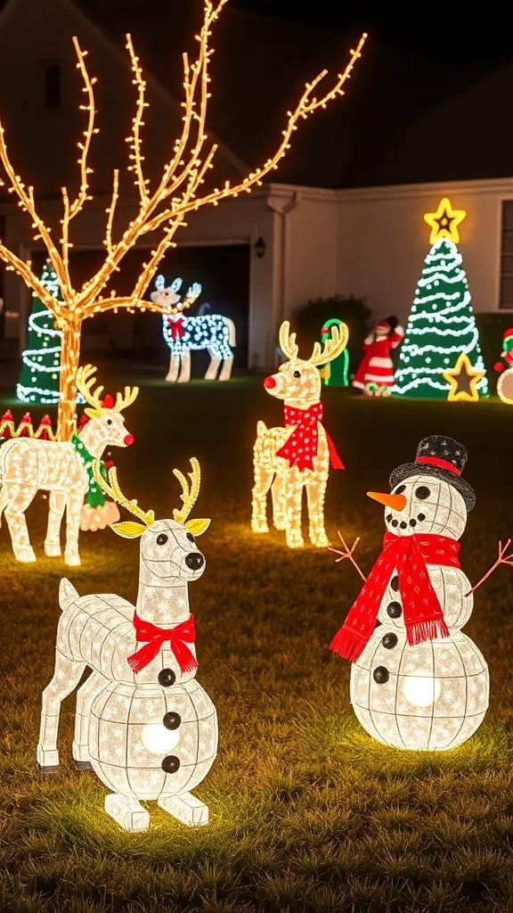 Whimsical light-up lawn decorations featuring a snowman, reindeer, and Christmas trees
