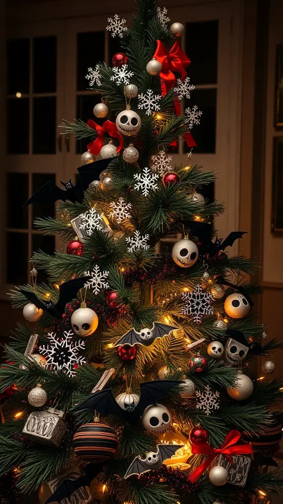 25+ Creative Nightmare Before Christmas Tree Ideas for Holiday Magic 7 A Christmas tree decorated with spooky snowflakes, bats, and Nightmare Before Christmas ornaments.