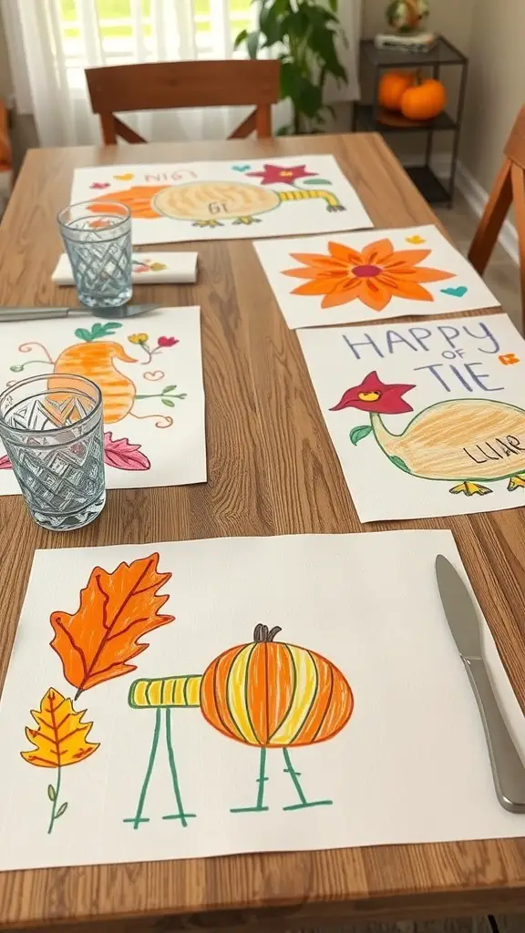 25+ Fun Thanksgiving Crafts for Kids to Make Together 9 Colorful Thanksgiving placemats decorated with pumpkins and leaves on a dining table.
