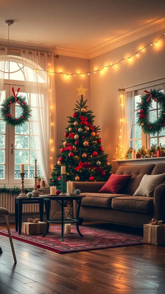 Cozy living room decorated for Christmas with a tree, wreaths, and warm lighting.