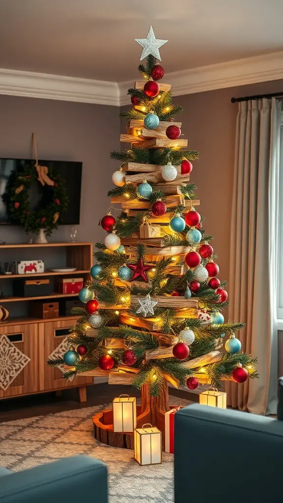 A rustic wooden Christmas tree decorated with colorful ornaments and lights, surrounded by lanterns.