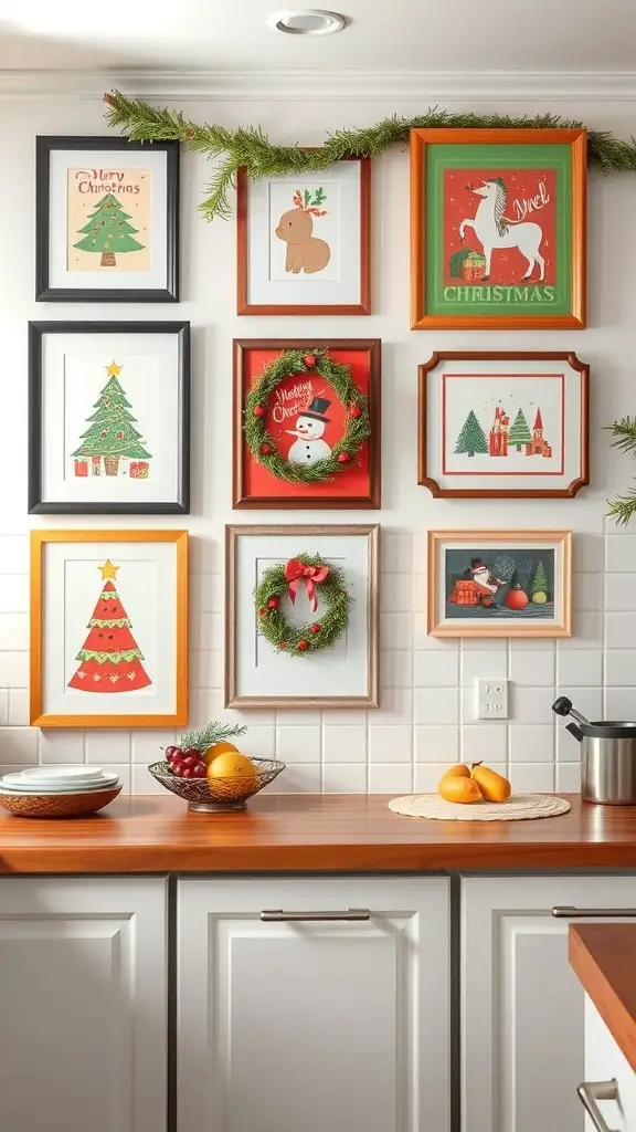 A collection of Christmas-themed wall art in various frames, featuring festive designs like trees, reindeer, and wreaths.