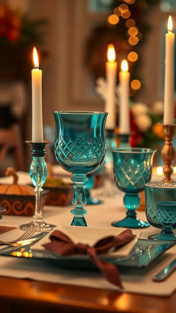 A beautifully set Thanksgiving table featuring turquoise glassware, candles, and elegant table settings.