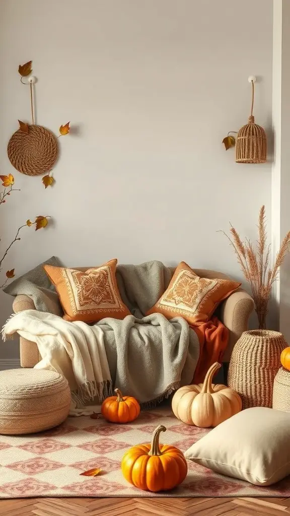 A cozy relaxation corner with a sofa, pillows, pumpkins, and autumn decor.