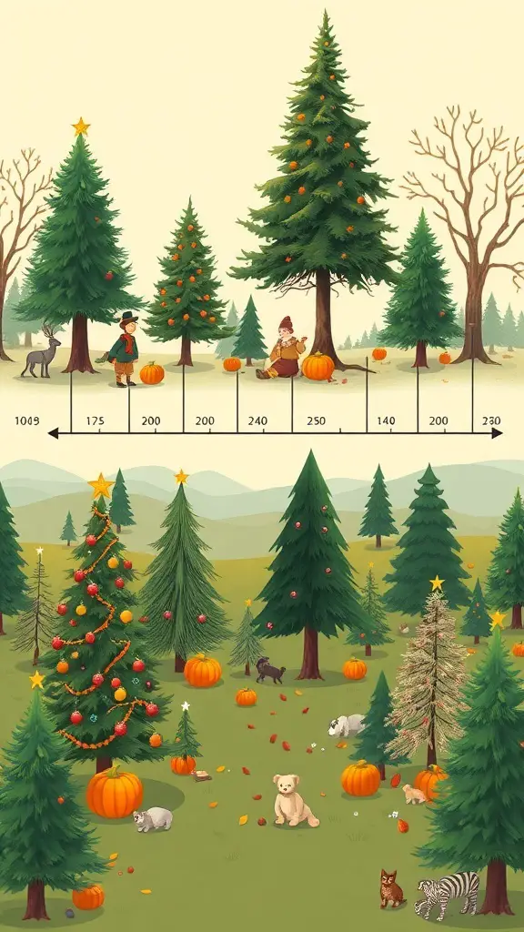 A whimsical illustration of Thanksgiving trees with pumpkins and animals.