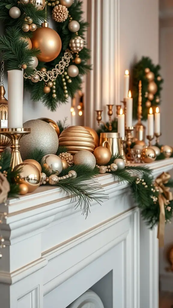 29+ Creative Christmas Mantel Decorating Ideas to Inspire Your Holiday Spirit 15 A beautifully decorated Christmas mantel with gold and silver ornaments, candles, and a green garland.