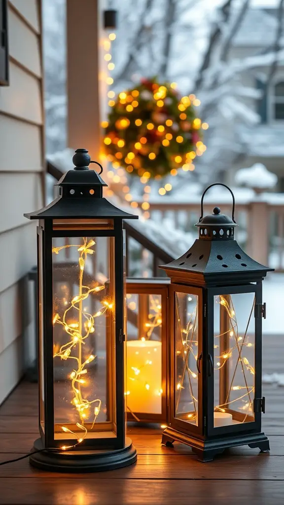Vintage lanterns with fairy lights on a porch during winter