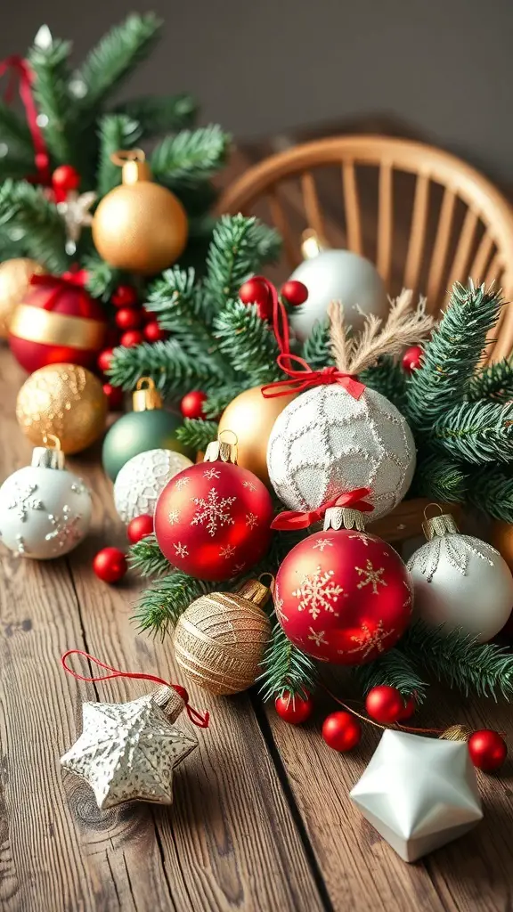 A collection of colorful Christmas ornaments arranged with pine branches on a wooden surface.
