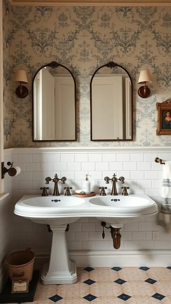 23+ Stylish Bathroom Double Sink Ideas to Enhance Your Space 4 A classic double sink with vintage fixtures and arched mirrors in a stylish bathroom.