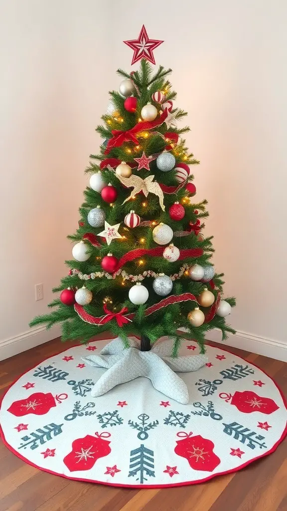 23+ Unique Christmas Tree Skirt Ideas for a Festive Touch 12 A Christmas tree with a reversible tree skirt featuring red and white designs.