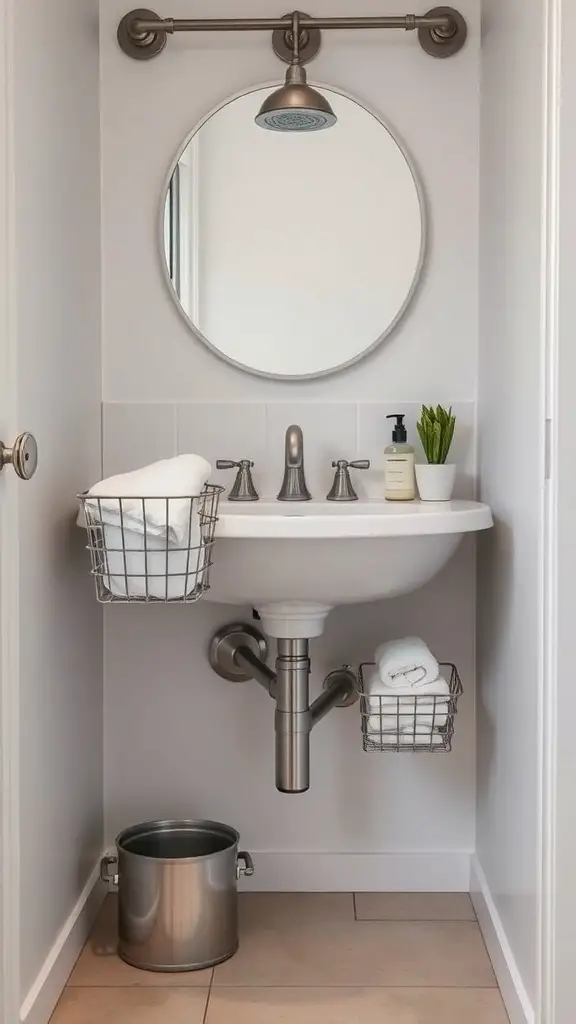 29+ Creative Bathroom Under Sink Organization Ideas You Need to Try 5 A bathroom with hanging wire baskets under the sink, holding towels and toiletries.