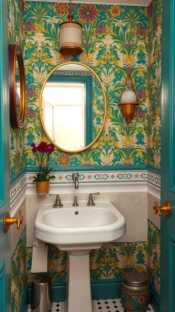 25+ Chic Half Bathroom Ideas to Refresh Your Space 9 A half bathroom featuring bold floral wallpaper, a round mirror, and a white sink.