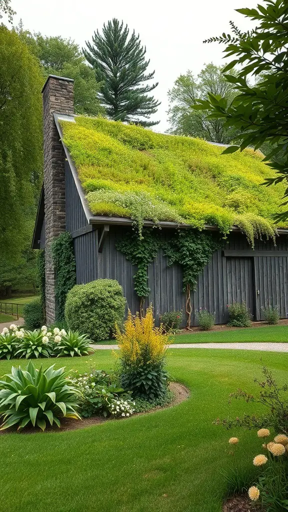 27+ Stunning Barndominium Exterior Ideas to Inspire Your Dream Home 9 A barndominium with a lush green roof surrounded by vibrant landscaping.