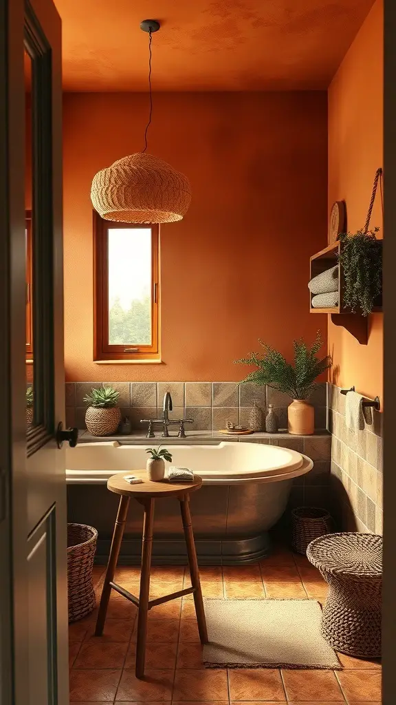 27+ Stunning Bathroom Paint Colors to Transform Your Space 6 A cozy bathroom painted in warm terracotta with natural light and earthy decor.