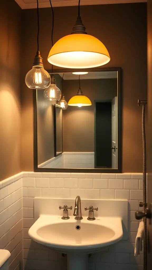 27+ Stunning Mid Century Modern Bathroom Ideas You'll Love 8 A mid-century modern bathroom featuring vintage lighting fixtures with a warm yellow shade and exposed bulbs.