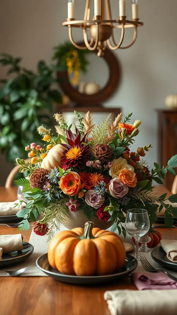 A beautifully arranged Thanksgiving table featuring fresh flowers, foliage, and pumpkins.