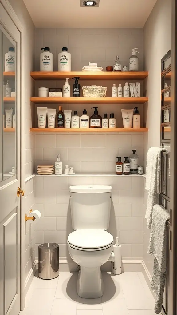 29+ Stunning Tiny Bathroom Layouts for Small Spaces 8 A tiny bathroom with open shelving above the toilet, displaying neatly arranged toiletries and storage containers.