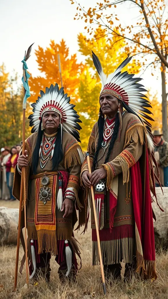 Two Native American men in traditional attire standing outdoors with autumn trees in the background.