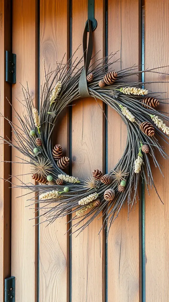 A rustic wreath made from twigs and decorated with pine cones and dried grasses, hanging on a wooden door.
